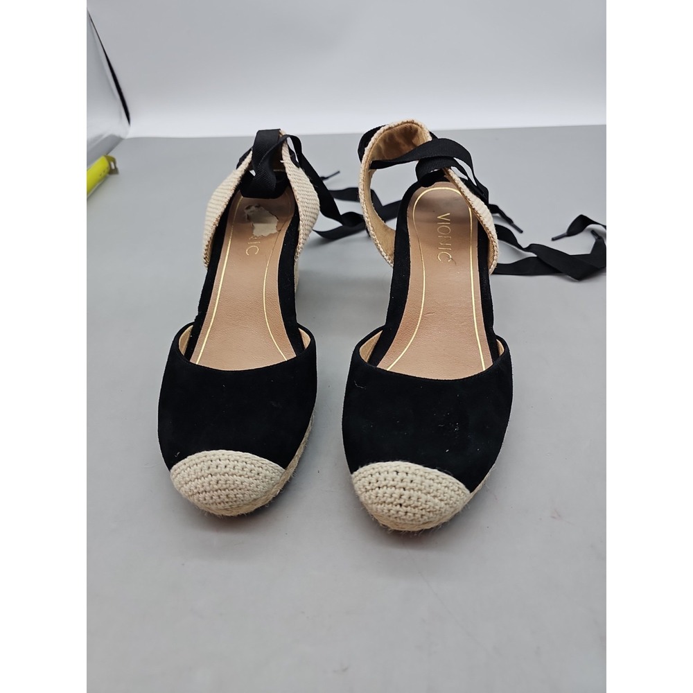 Vionic Women's Black Leather Wedge Espadrille Sandals Buckle Ankle Strap 8